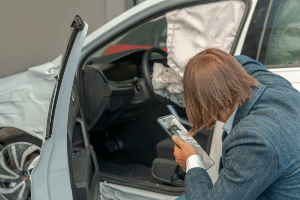 man checking airbags on a crashed vehicle