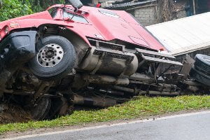 truck after rollover in a ditch