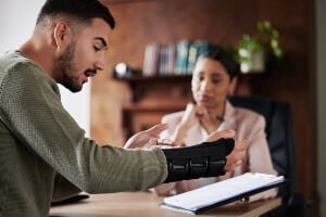 young, black injured male speaking with female attorney