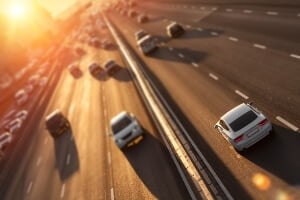 highway traffic in Texas at sunset