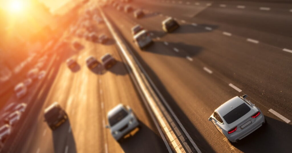 highway traffic in Texas at sunset