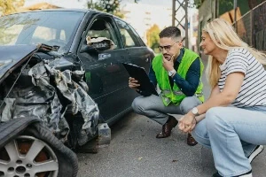 male insurance agent crouched down next to a blond female driver examining vehicle damage after a crash